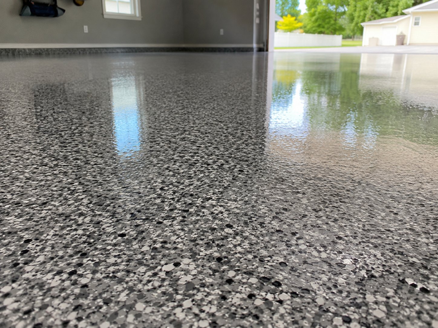 Close-up of glossy gray and black flake epoxy garage floor coating